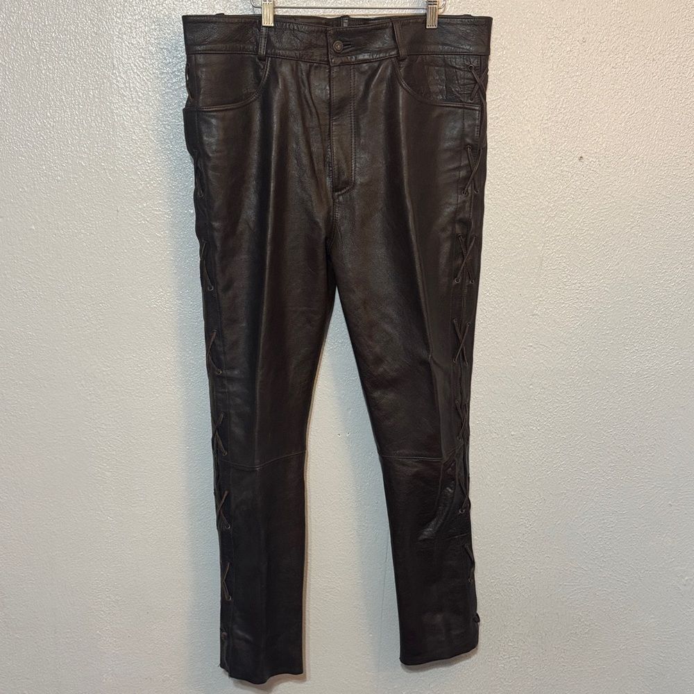 Phase 2 Vintage Brown Genuine Leather Lace Up Biker Moto Cowboy Pants Size 38